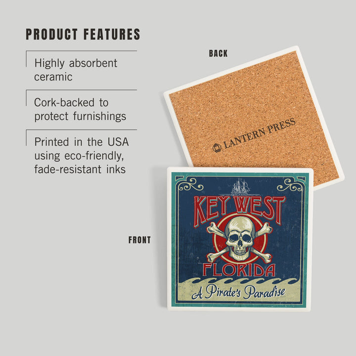 Key West, Florida, Skull and Crossbones, Coasters Coasters Lantern Press
