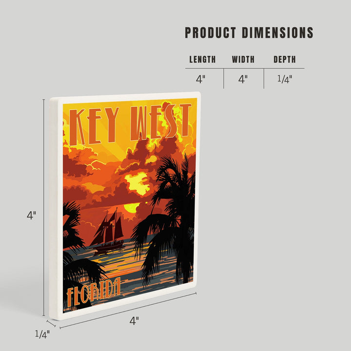 Key West, Florida, Sunset and Ship, Coasters Coasters Lantern Press