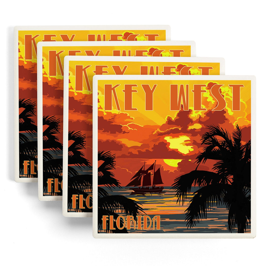 Key West, Florida, Sunset and Ship, Coasters Coasters Lantern Press
