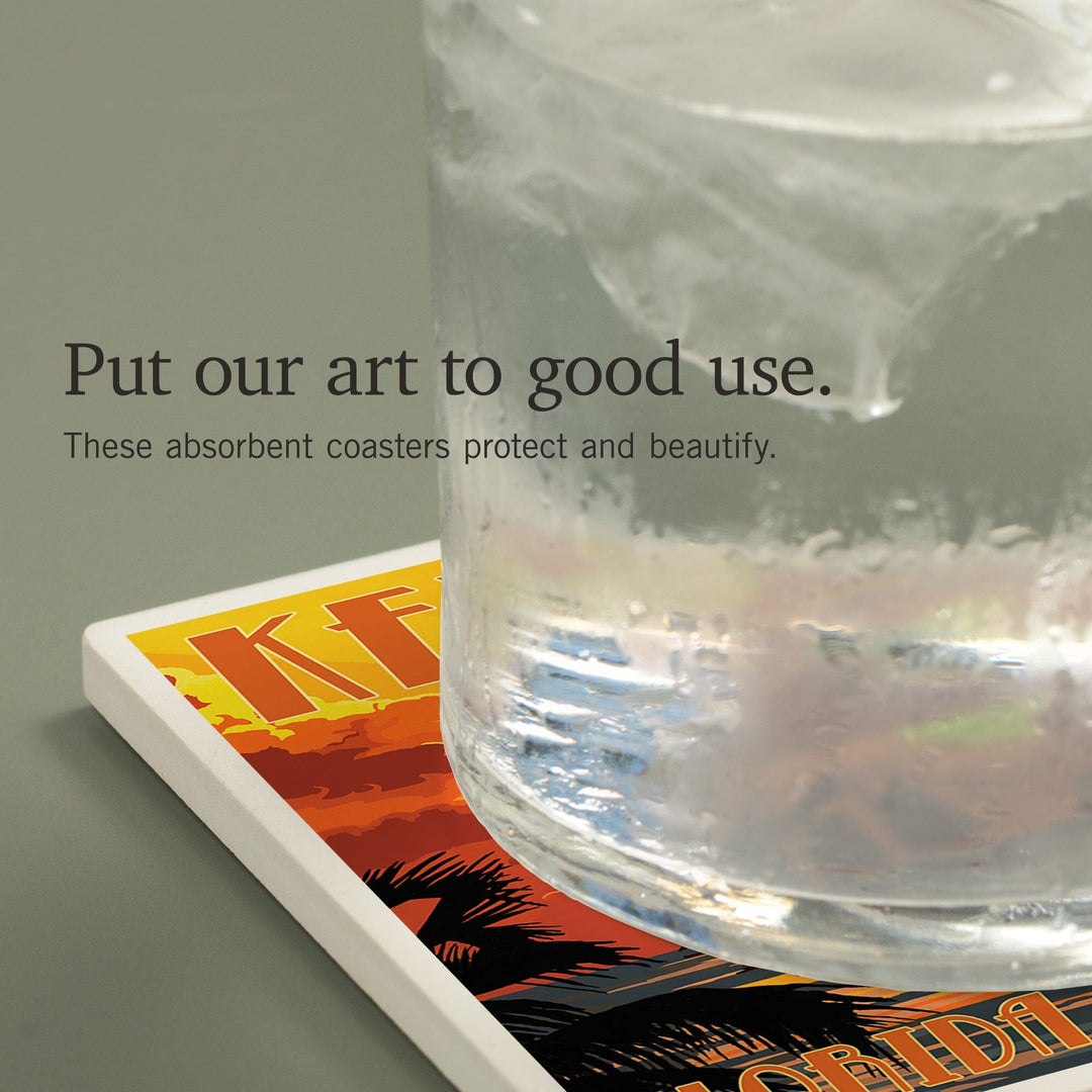 Key West, Florida, Sunset and Ship, Coasters Coasters Lantern Press