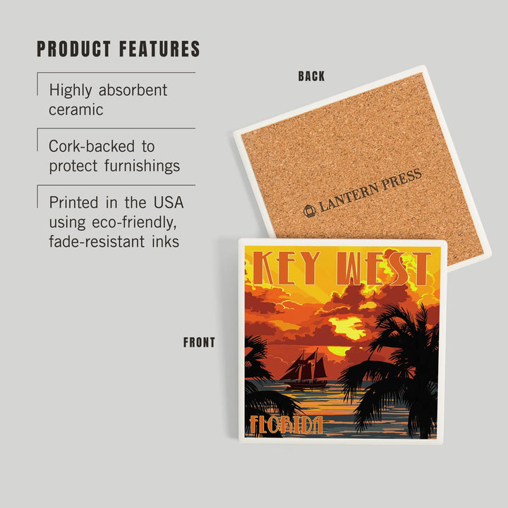 Key West, Florida, Sunset and Ship, Coasters Coasters Lantern Press
