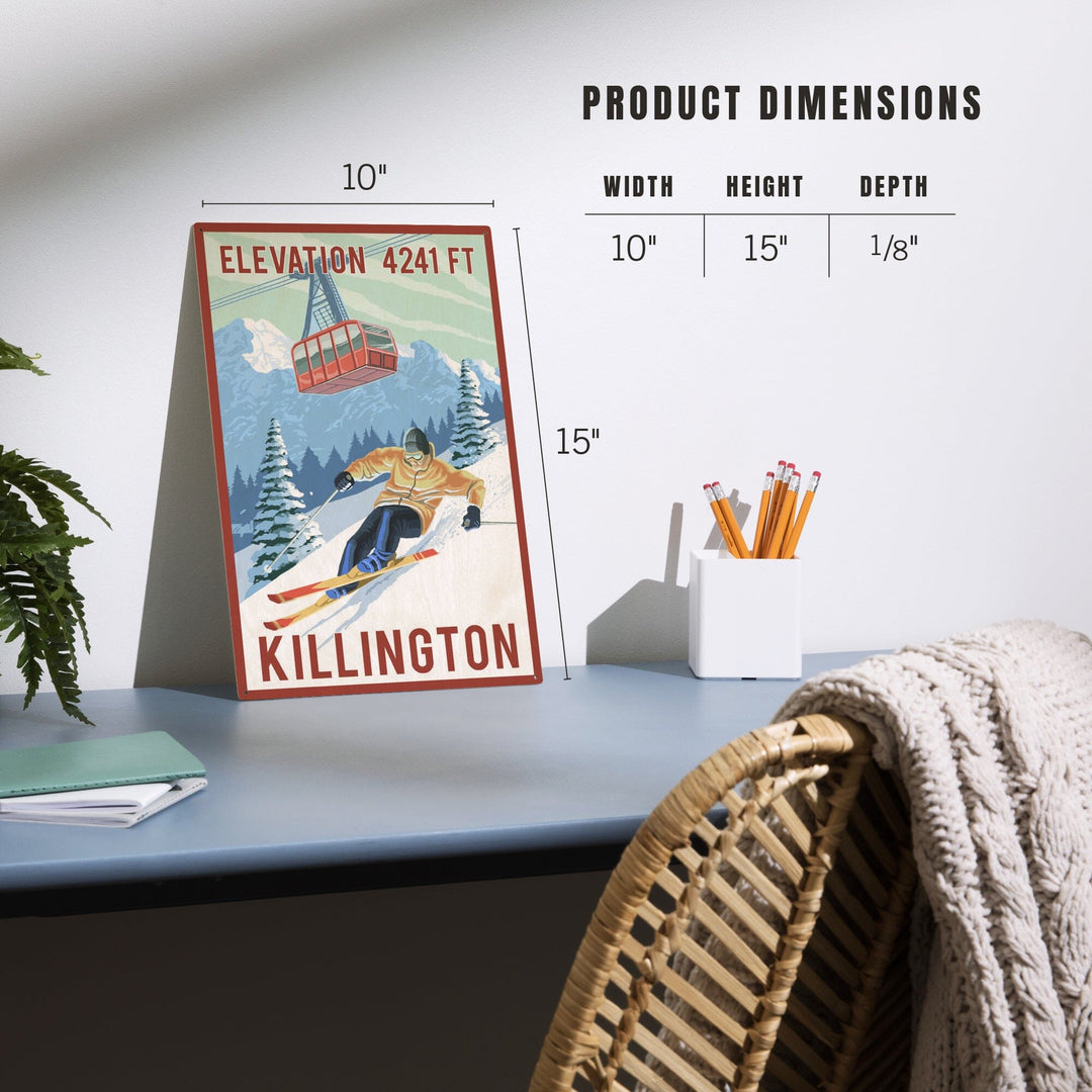 Killington, Vermont, Elevation, Skier & Tram, Lantern Press Artwork, Wood Signs and Postcards - Lantern Press