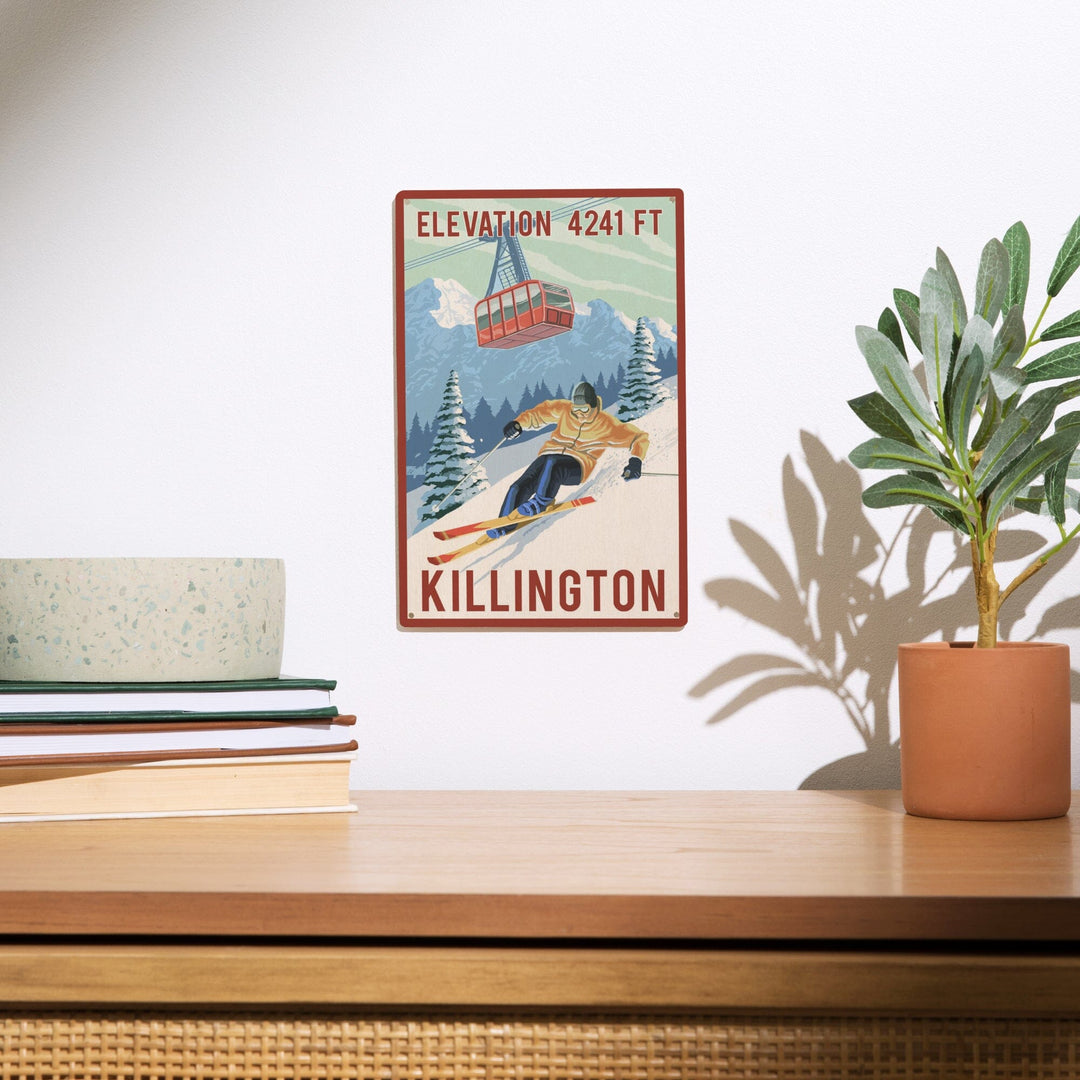 Killington, Vermont, Elevation, Skier & Tram, Lantern Press Artwork, Wood Signs and Postcards - Lantern Press