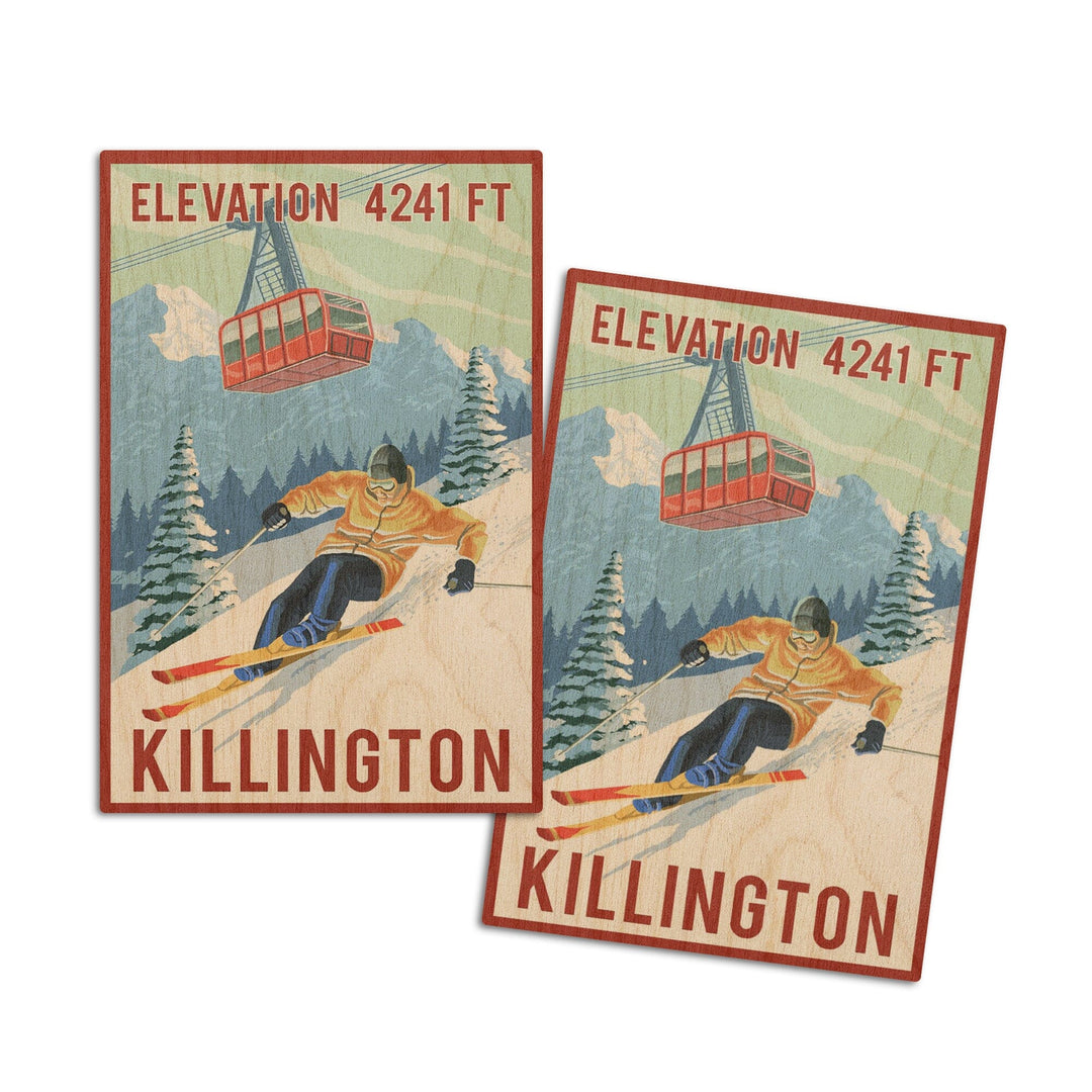 Killington, Vermont, Elevation, Skier & Tram, Lantern Press Artwork, Wood Signs and Postcards - Lantern Press