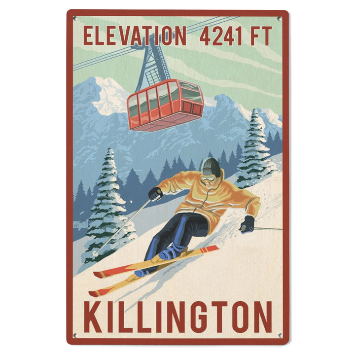 Killington, Vermont, Elevation, Skier & Tram, Lantern Press Artwork, Wood Signs and Postcards - Lantern Press