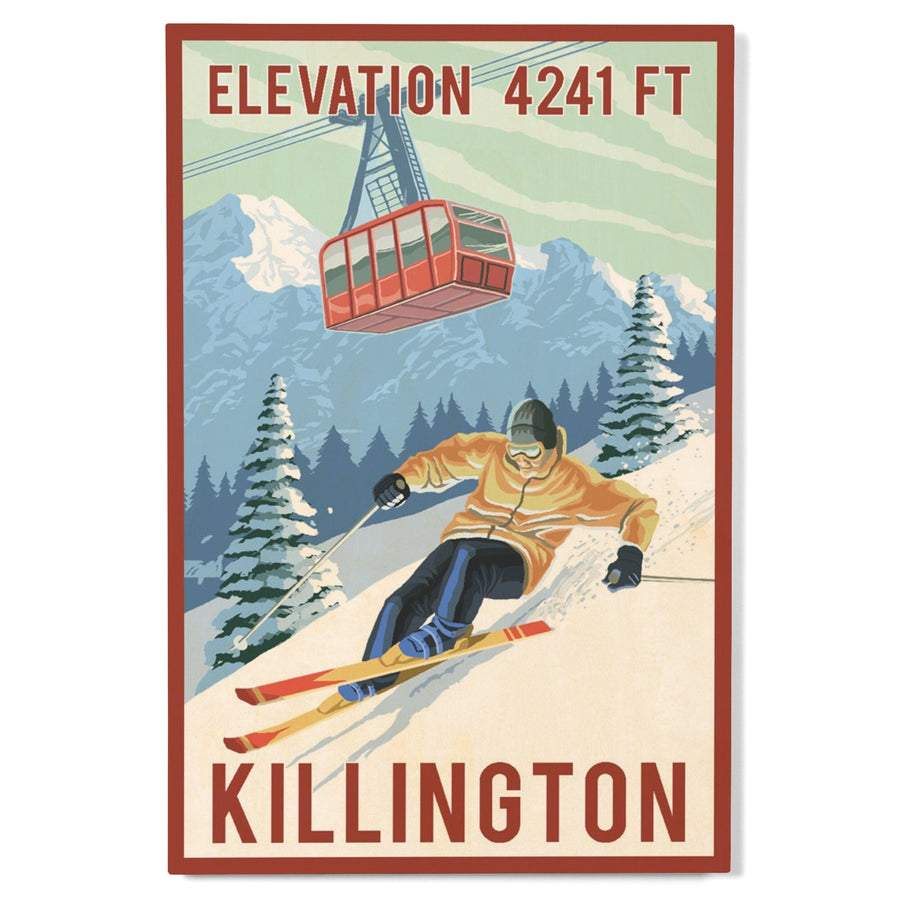 Killington, Vermont, Elevation, Skier & Tram, Lantern Press Artwork, Wood Signs and Postcards - Lantern Press