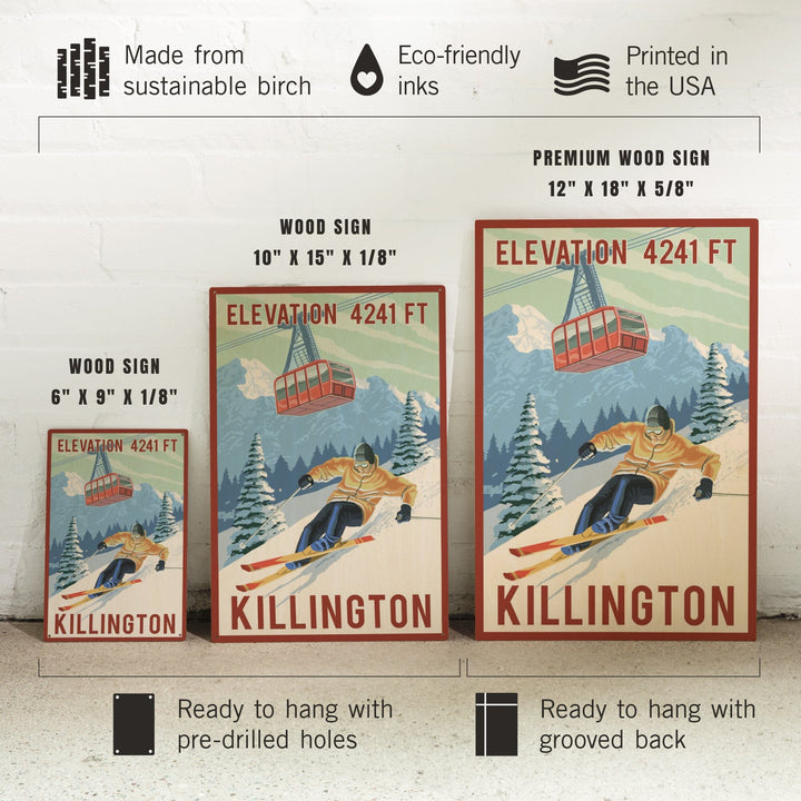 Killington, Vermont, Elevation, Skier & Tram, Lantern Press Artwork, Wood Signs and Postcards - Lantern Press