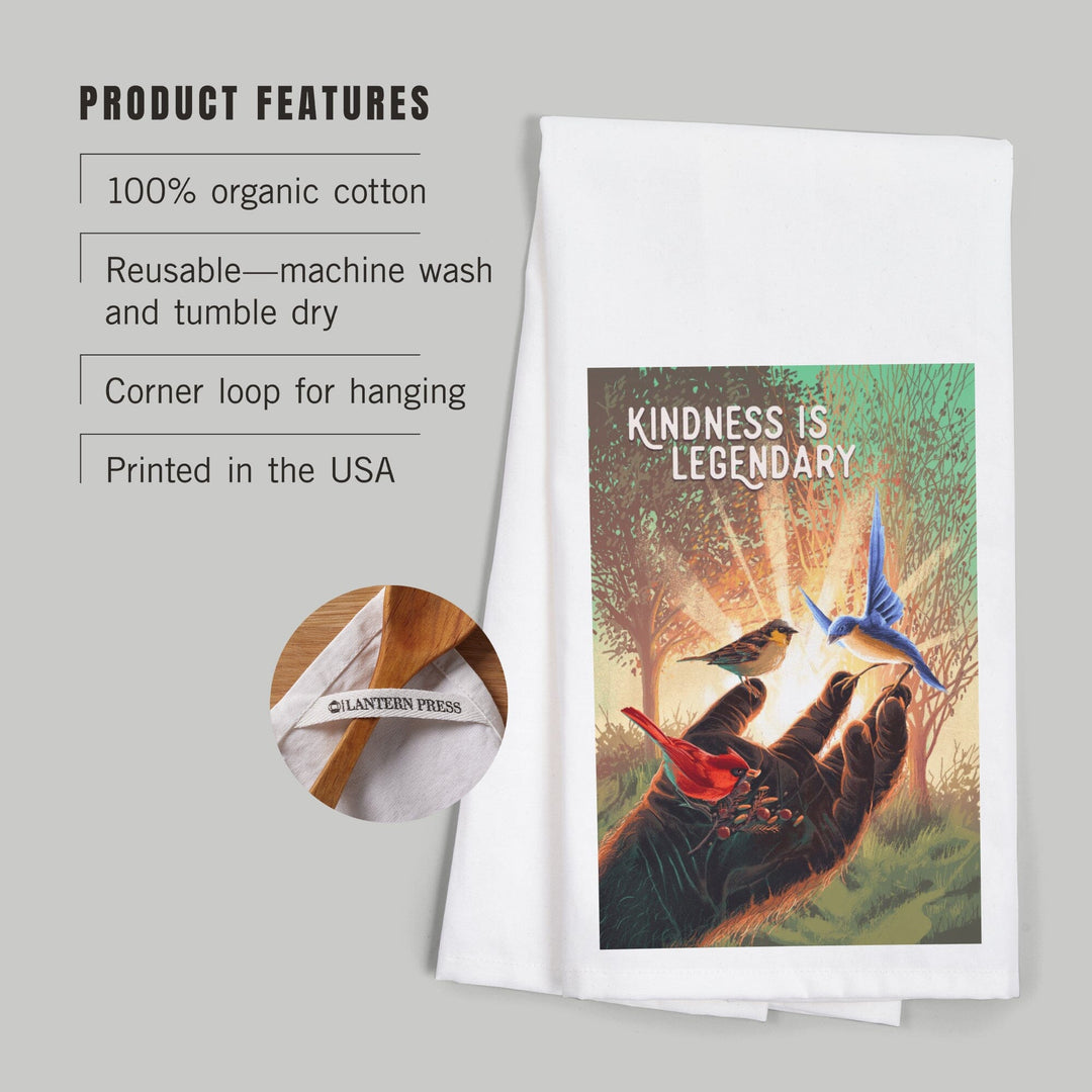 Kindness is Legendary, Bigfoot With Birds, Green, Organic Cotton Kitchen Tea Towels Kitchen Lantern Press