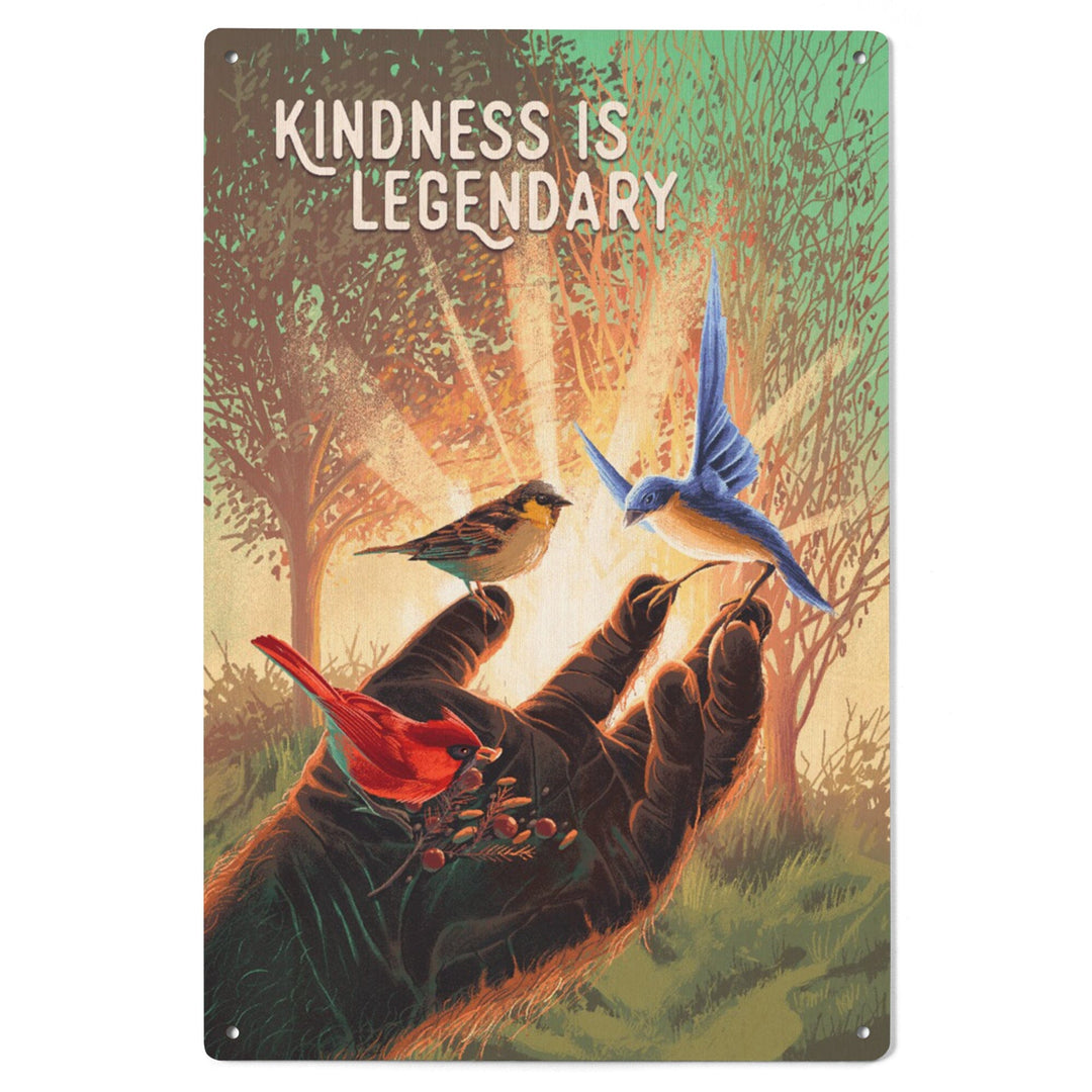 Kindness is Legendary, Bigfoot With Birds, Green, Wood Signs and Postcards Wood Lantern Press