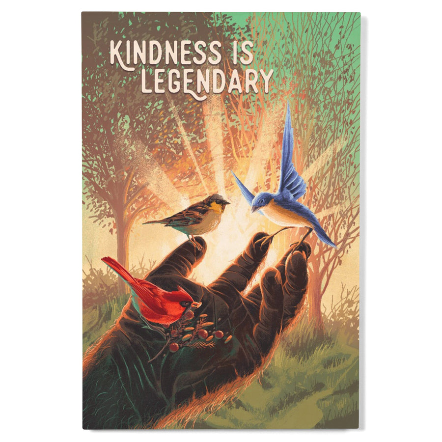 Kindness is Legendary, Bigfoot With Birds, Green, Wood Signs and Postcards Wood Lantern Press