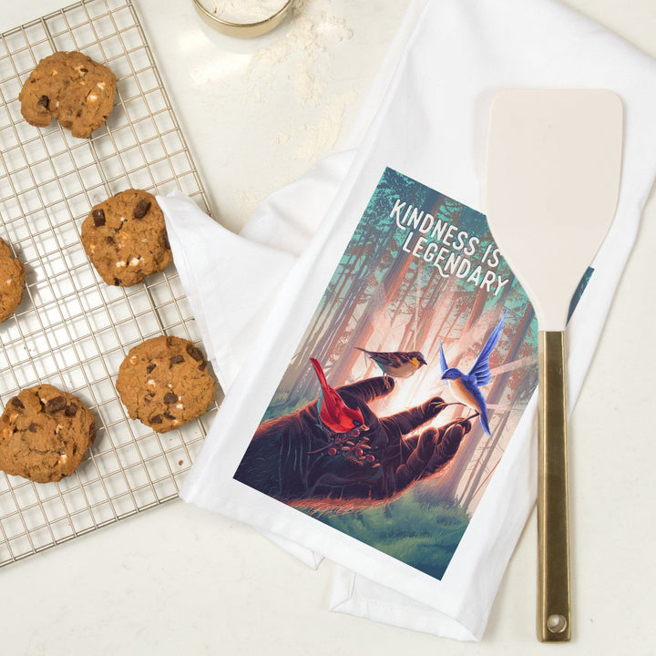 Kindness is Legendary, Bigfoot With Birds, Organic Cotton Kitchen Tea Towels Kitchen Lantern Press