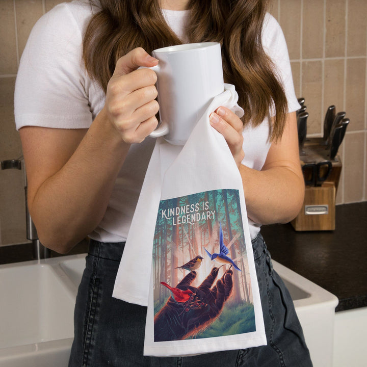 Kindness is Legendary, Bigfoot With Birds, Organic Cotton Kitchen Tea Towels Kitchen Lantern Press