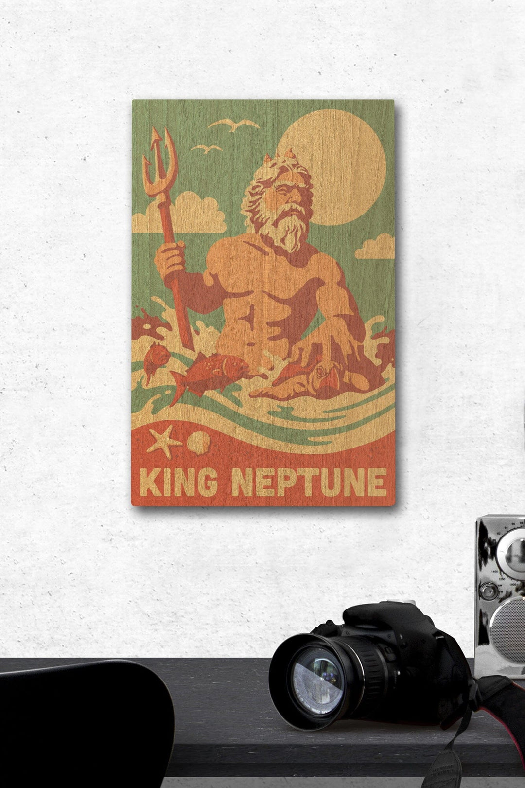 King Neptune Statue, Retro Beach, Lantern Press Artwork, Wood Signs and Postcards - Lantern Press
