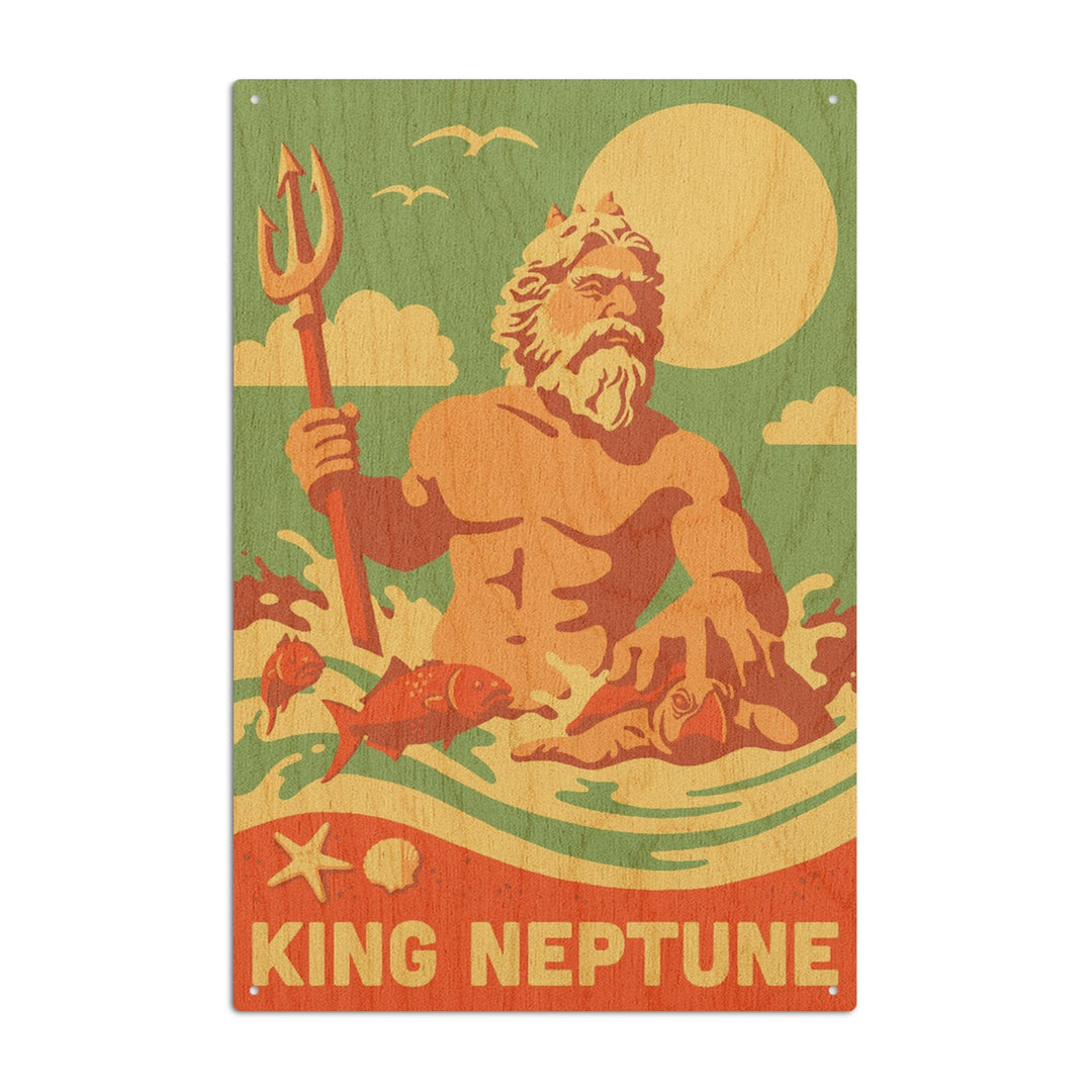 King Neptune Statue, Retro Beach, Lantern Press Artwork, Wood Signs and Postcards - Lantern Press