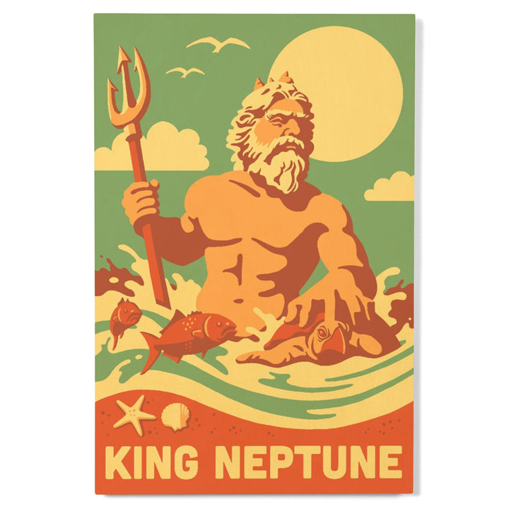 King Neptune Statue, Retro Beach, Lantern Press Artwork, Wood Signs and Postcards - Lantern Press