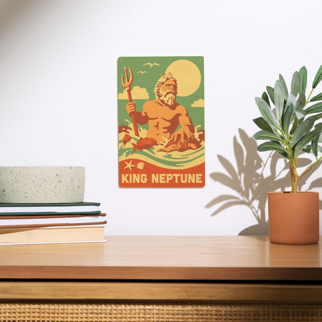 King Neptune Statue, Retro Beach, Lantern Press Artwork, Wood Signs and Postcards - Lantern Press