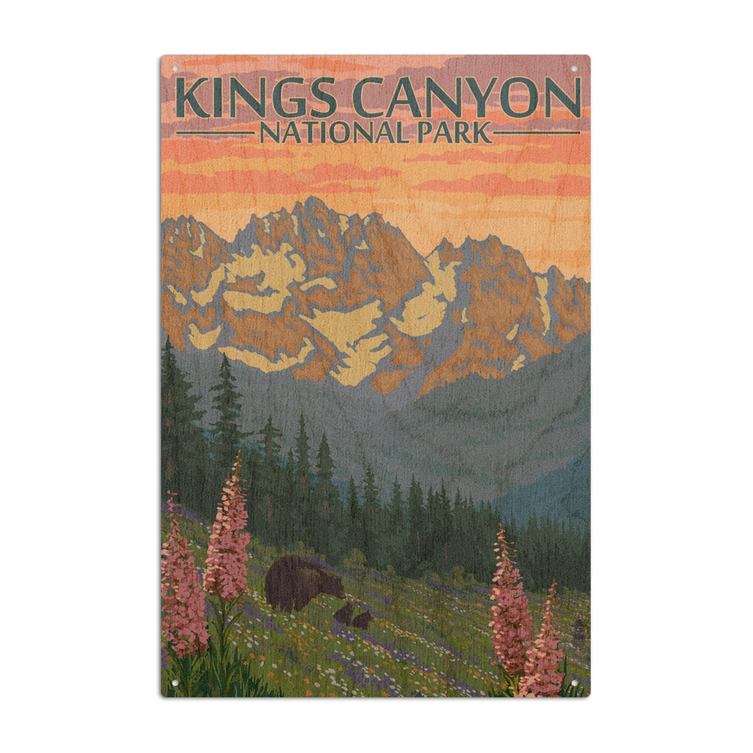 Kings Canyon National Park, Bear Family & Spring Flowers, Lantern Press Poster, Wood Signs and Postcards - Lantern Press