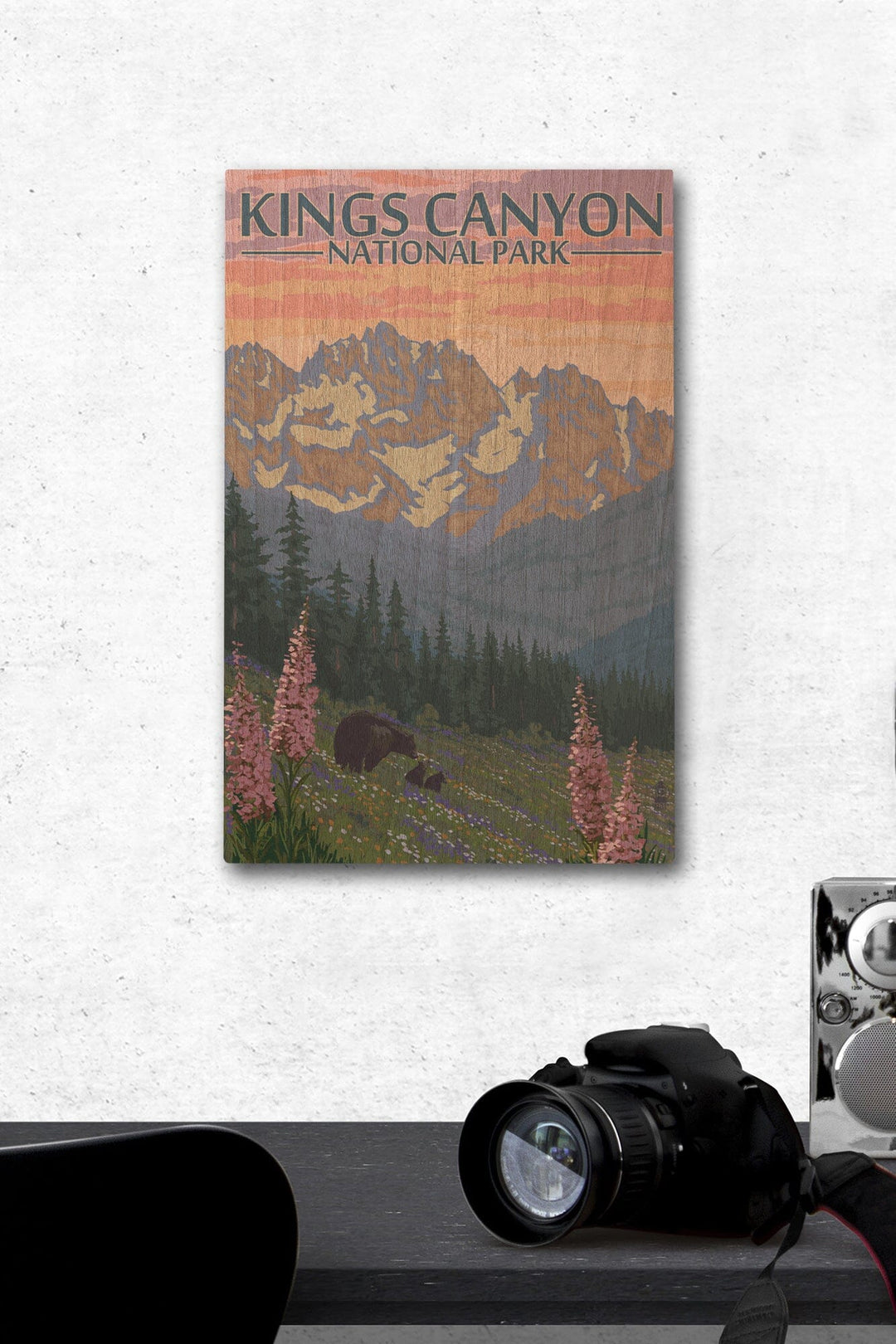Kings Canyon National Park, Bear Family & Spring Flowers, Lantern Press Poster, Wood Signs and Postcards - Lantern Press