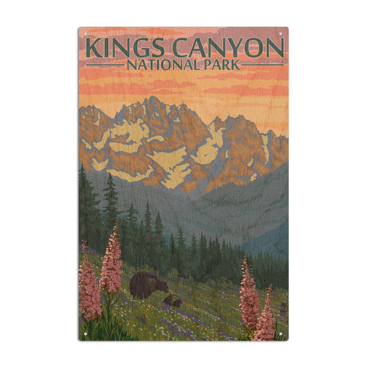 Kings Canyon National Park, Bear Family & Spring Flowers, Lantern Press Poster, Wood Signs and Postcards - Lantern Press