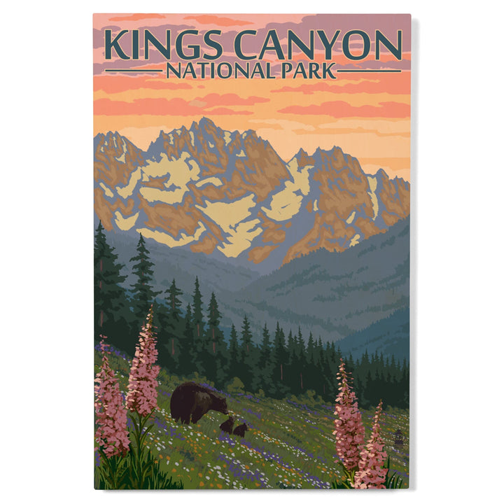 Kings Canyon National Park, Bear Family & Spring Flowers, Lantern Press Poster, Wood Signs and Postcards - Lantern Press