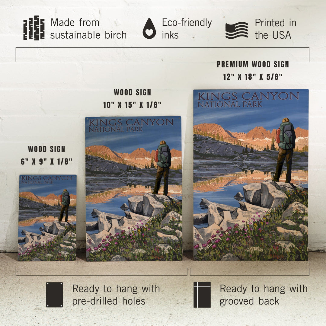 Kings Canyon National Park, California, Hiker & Lake, Lantern Press Artwork, Wood Signs and Postcards - Lantern Press