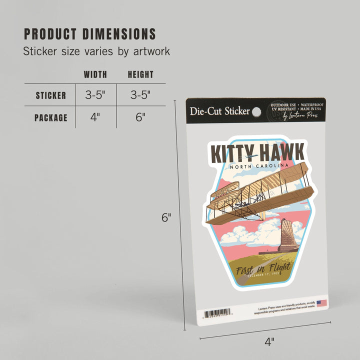 Kitty Hawk, North Carolina, First in Flight, Contour, Lantern Press Artwork, Vinyl Sticker - Lantern Press