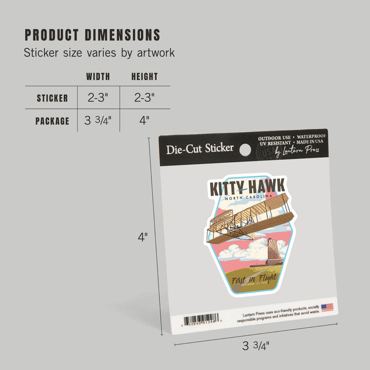 Kitty Hawk, North Carolina, First in Flight, Contour, Lantern Press Artwork, Vinyl Sticker - Lantern Press