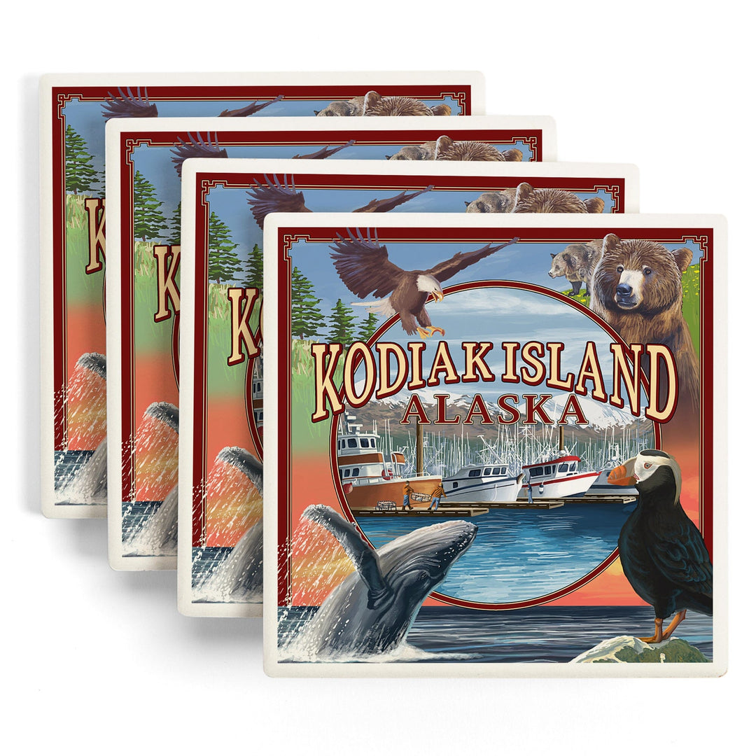 Kodiak Island, Alaska, Montage Views, Coasters Coasters Lantern Press