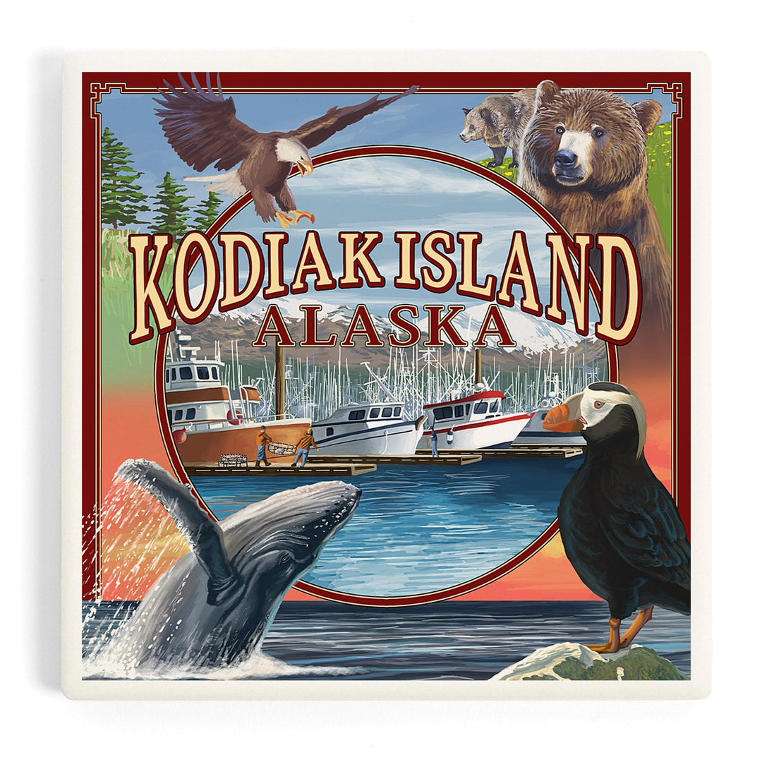 Kodiak Island, Alaska, Montage Views, Coasters Coasters Lantern Press Coaster
