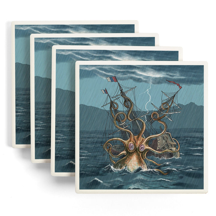 Kraken Attacking Ship, Coasters Coasters Lantern Press