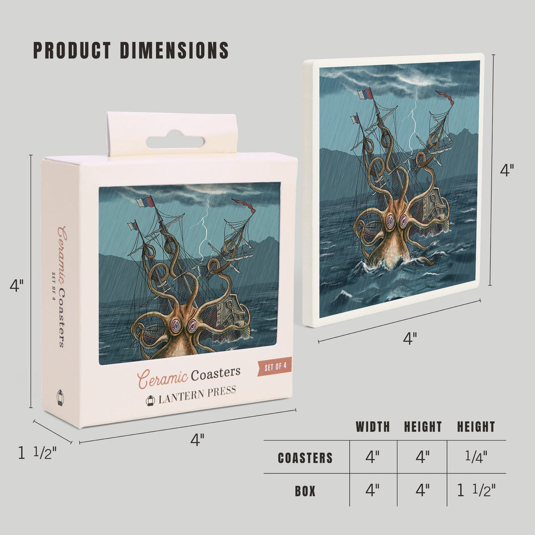 Kraken Attacking Ship, Coasters Coasters Lantern Press