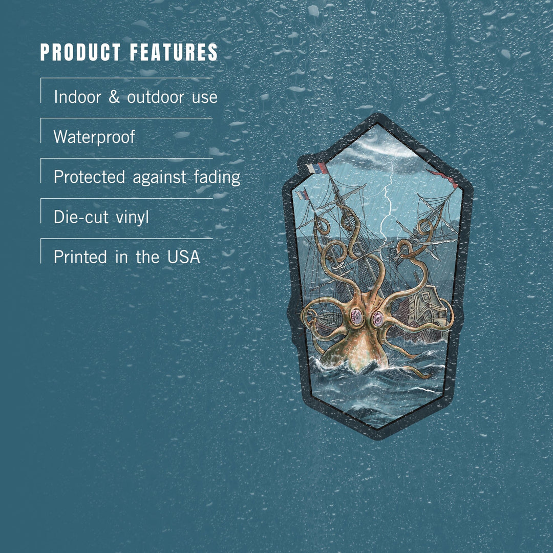 Kraken Attacking Ship, Contour, Lantern Press Artwork, Vinyl Sticker - Lantern Press