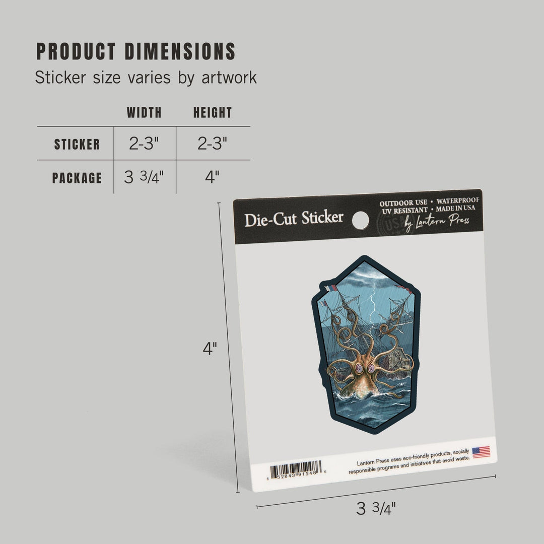 Kraken Attacking Ship, Contour, Lantern Press Artwork, Vinyl Sticker - Lantern Press