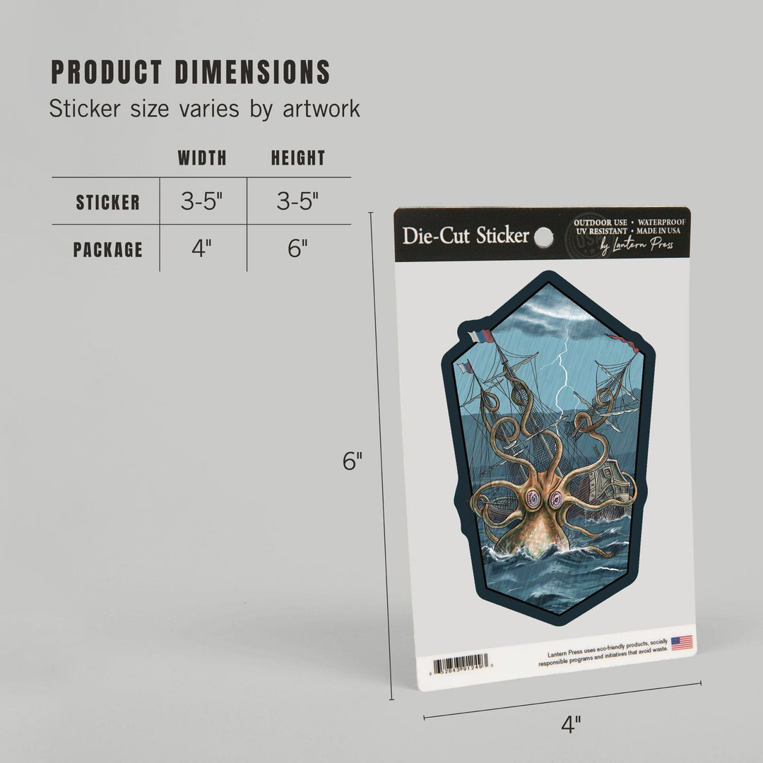 Kraken Attacking Ship, Contour, Lantern Press Artwork, Vinyl Sticker - Lantern Press