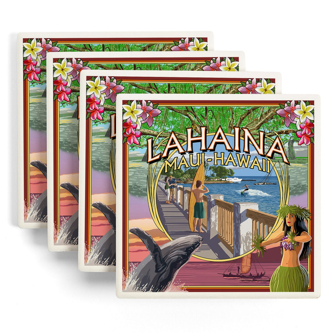 Lahaina, Maui, Hawaii, Town Scenes Montage, Coasters Coasters Lantern Press