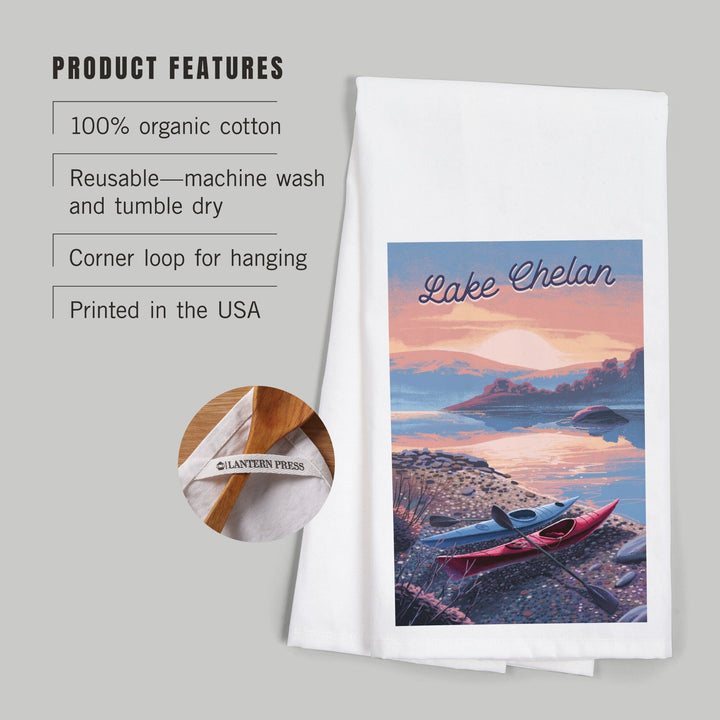 Lake Chelan, Washington, Glassy Sunrise, Kayak, Organic Cotton Kitchen Tea Towels Kitchen Lantern Press