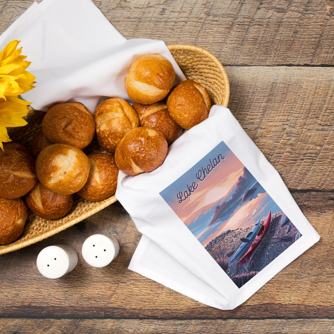 Lake Chelan, Washington, Glassy Sunrise, Kayak, Organic Cotton Kitchen Tea Towels Kitchen Lantern Press