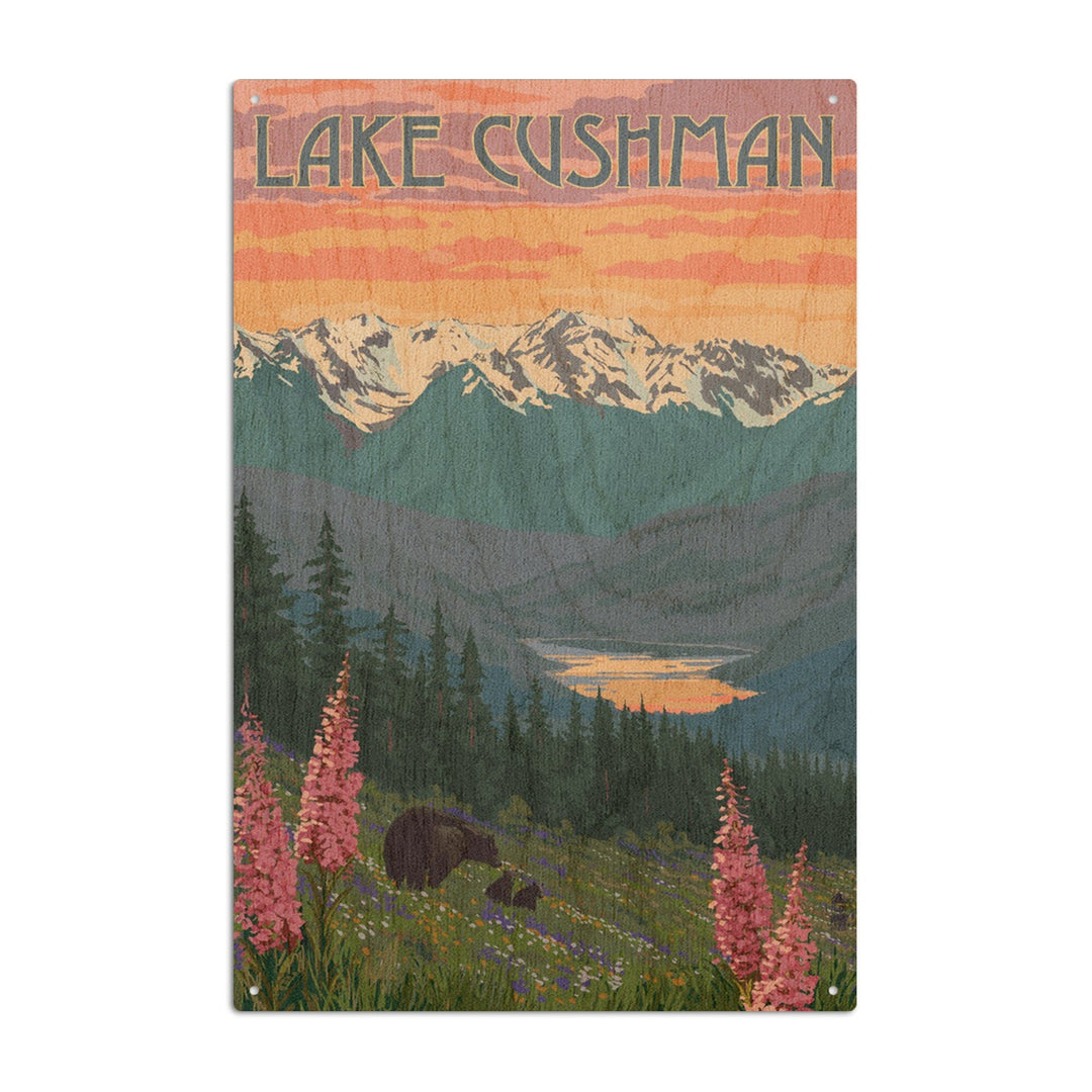 Lake Cushman, Washington, Bear & Spring Flowers, Lantern Press Artwork, Wood Signs and Postcards - Lantern Press
