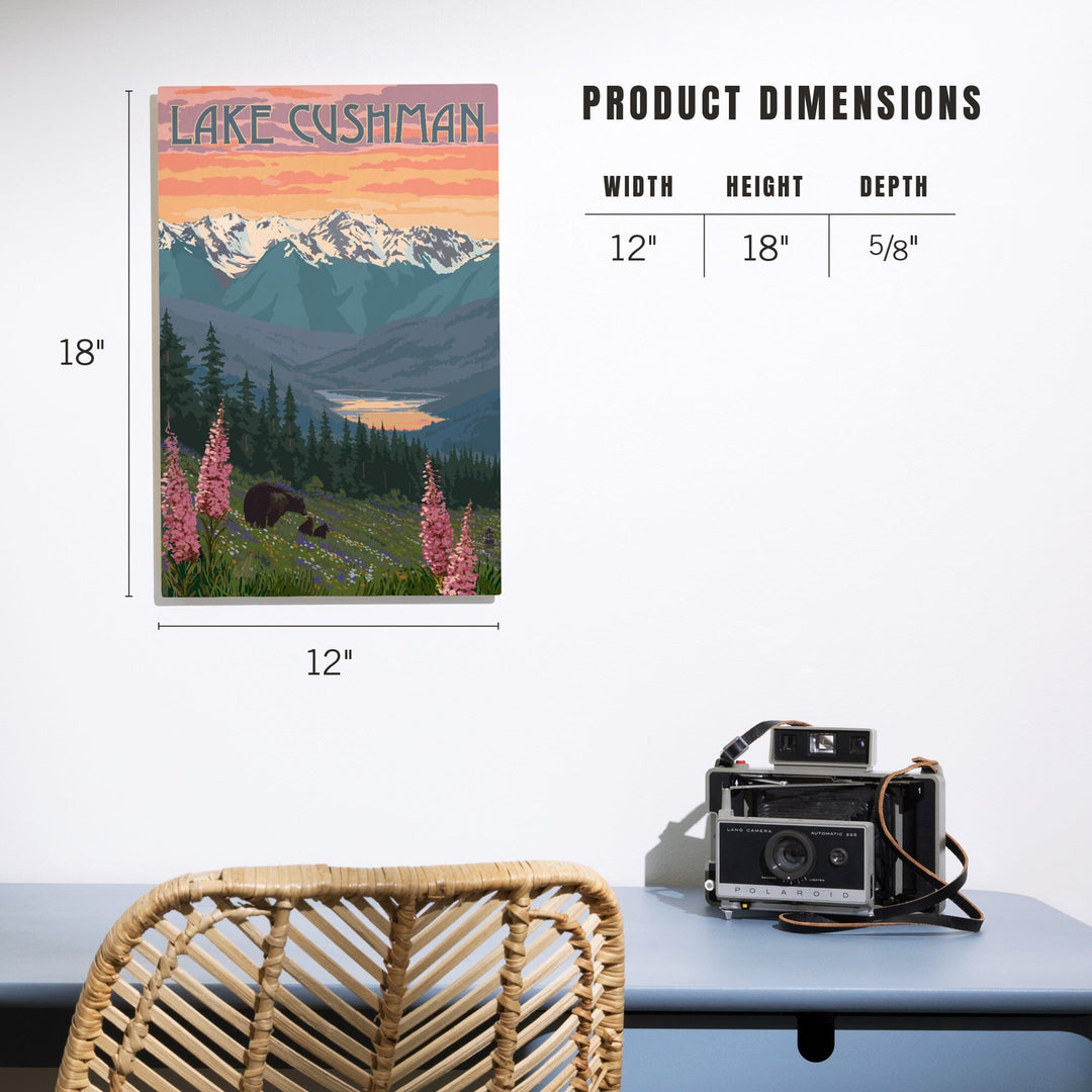 Lake Cushman, Washington, Bear & Spring Flowers, Lantern Press Artwork, Wood Signs and Postcards - Lantern Press