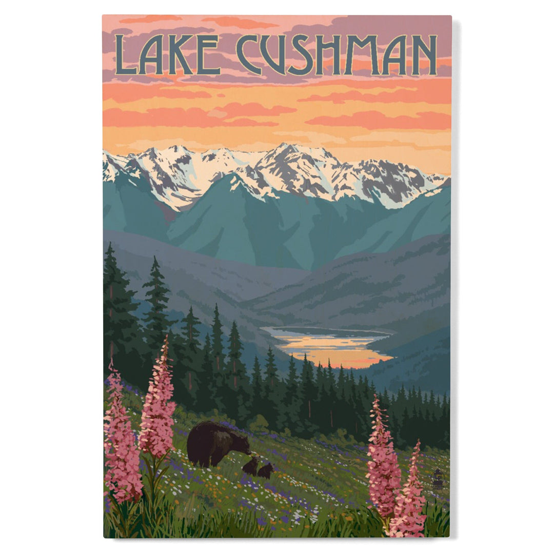 Lake Cushman, Washington, Bear & Spring Flowers, Lantern Press Artwork, Wood Signs and Postcards - Lantern Press