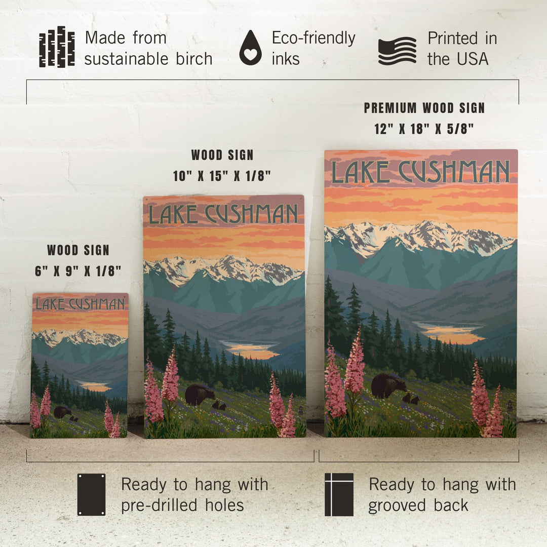 Lake Cushman, Washington, Bear & Spring Flowers, Lantern Press Artwork, Wood Signs and Postcards - Lantern Press