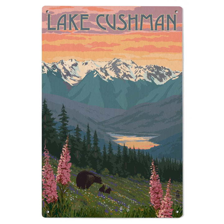 Lake Cushman, Washington, Bear & Spring Flowers, Lantern Press Artwork, Wood Signs and Postcards - Lantern Press