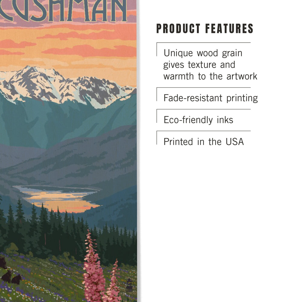 Lake Cushman, Washington, Bear & Spring Flowers, Lantern Press Artwork, Wood Signs and Postcards - Lantern Press