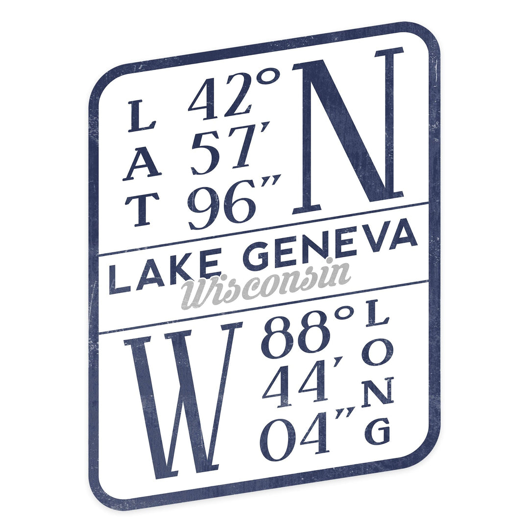 Lake Geneva, Wisconsin, Latitude & Longitude, Contour, Lantern Press Artwork, Vinyl Sticker - Lantern Press