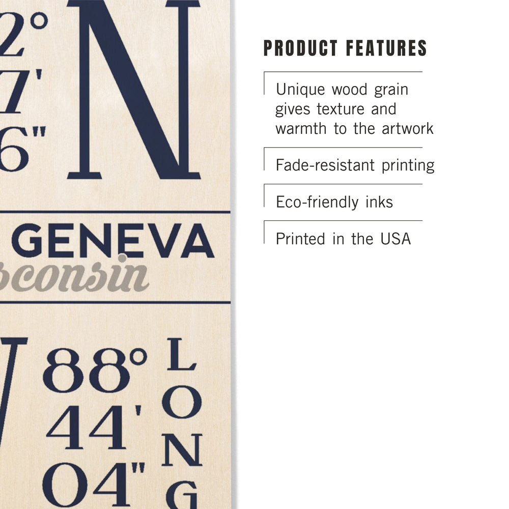 Lake Geneva, Wisconsin, Latitude & Longitude, Lantern Press Artwork, Wood Signs and Postcards - Lantern Press