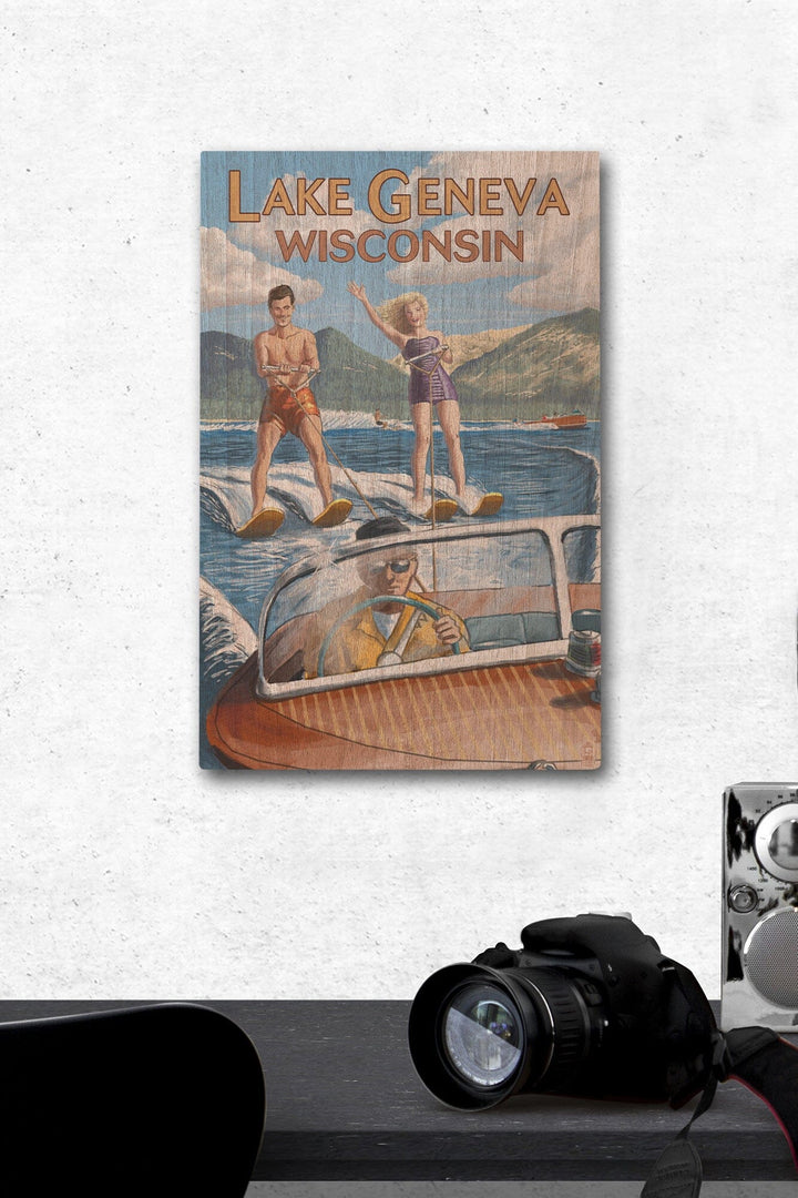 Lake Geneva, Wisconsin, Water Skiing Scene, Lantern Press Artwork, Wood Signs and Postcards - Lantern Press