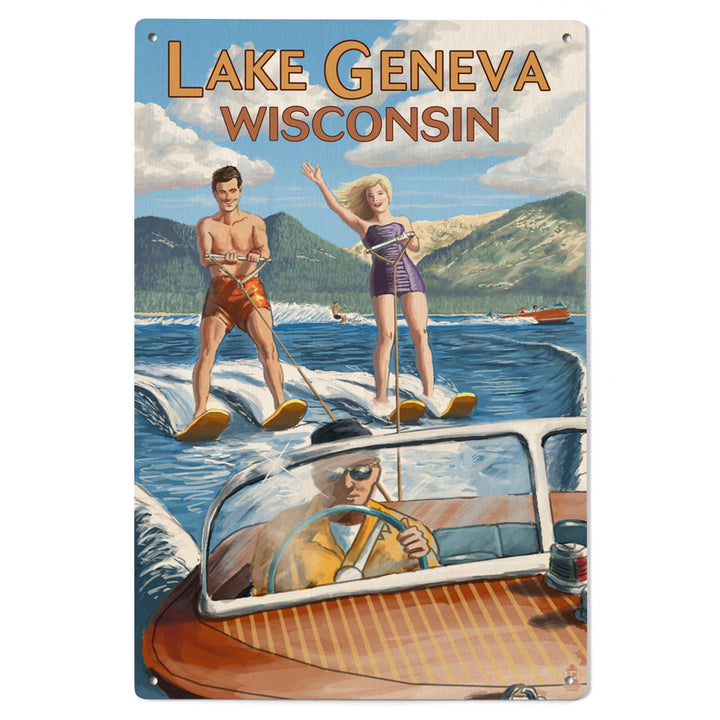 Lake Geneva, Wisconsin, Water Skiing Scene, Lantern Press Artwork, Wood Signs and Postcards - Lantern Press