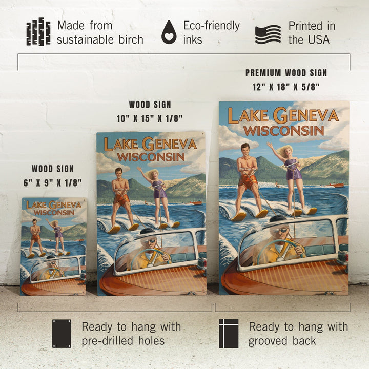Lake Geneva, Wisconsin, Water Skiing Scene, Lantern Press Artwork, Wood Signs and Postcards - Lantern Press