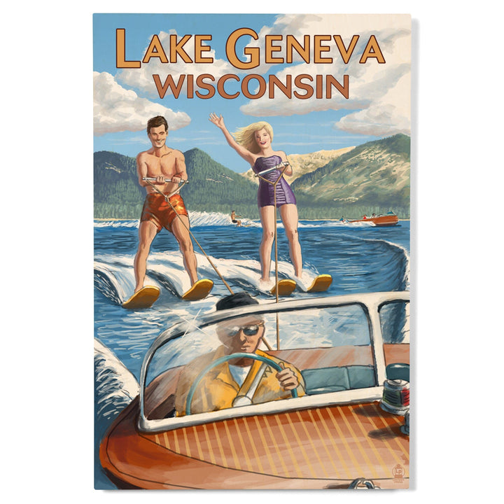 Lake Geneva, Wisconsin, Water Skiing Scene, Lantern Press Artwork, Wood Signs and Postcards - Lantern Press