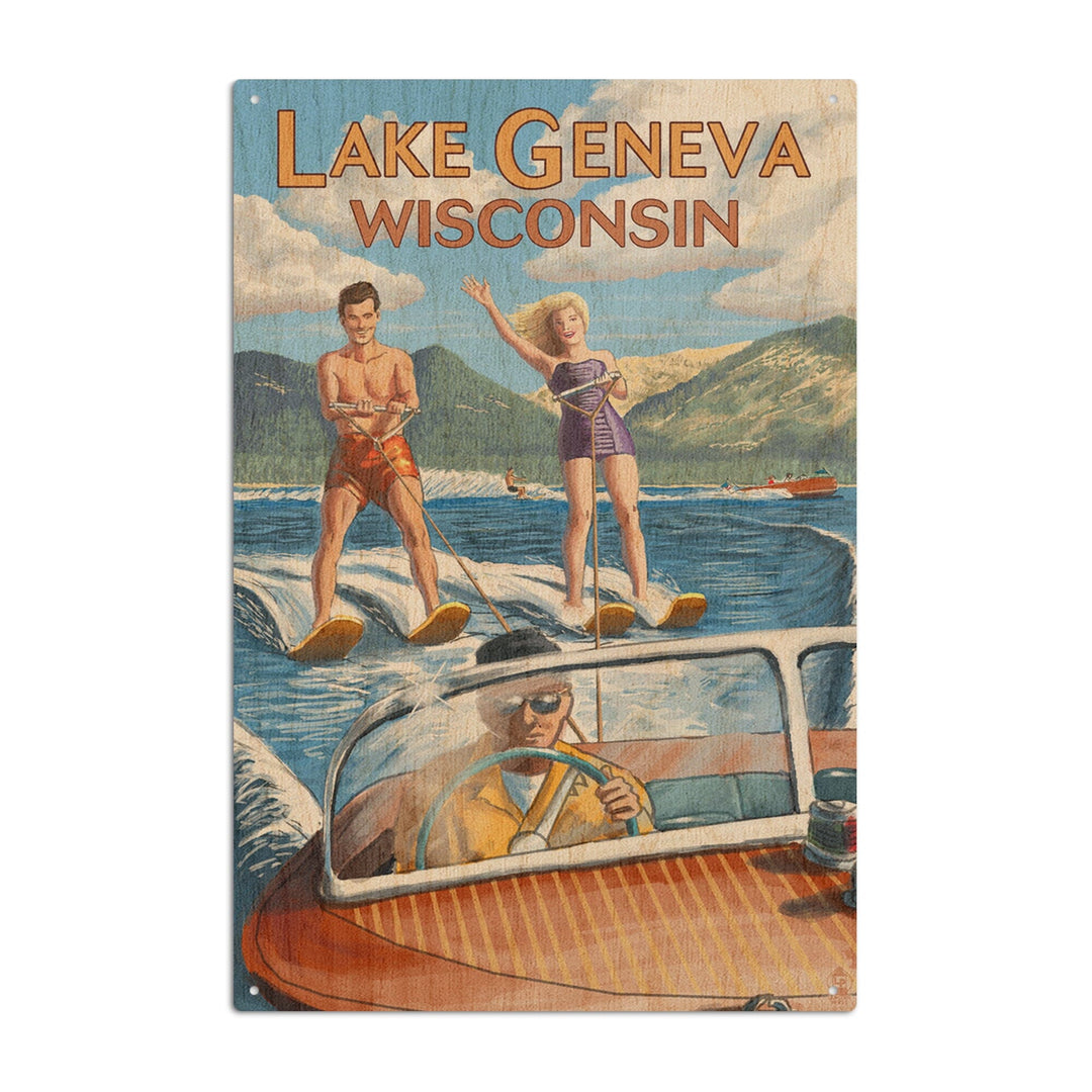 Lake Geneva, Wisconsin, Water Skiing Scene, Lantern Press Artwork, Wood Signs and Postcards - Lantern Press